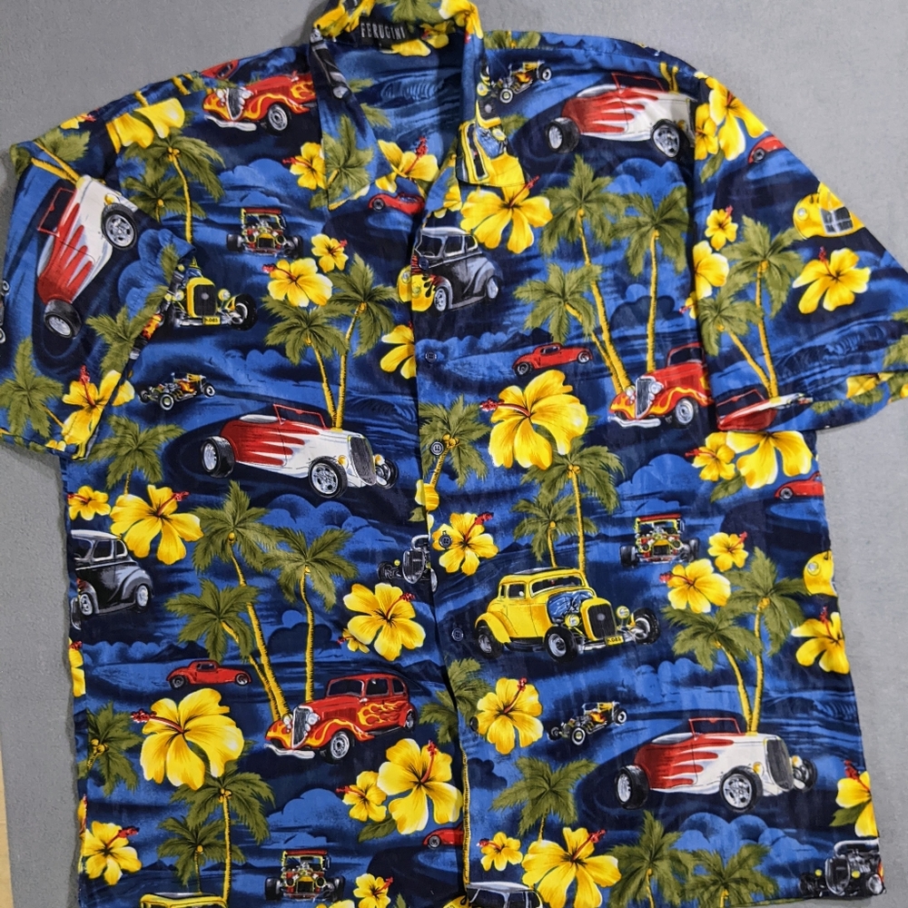 Ferugini Hawaiian Shirt Tropical 100% Polyester‎ Hot Rod Classic Car 3X